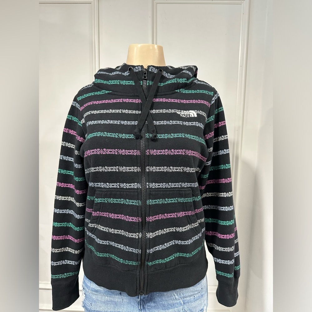 The North Face Striped Zip Up Hoodie Jacket  Black Activewear Size Medium